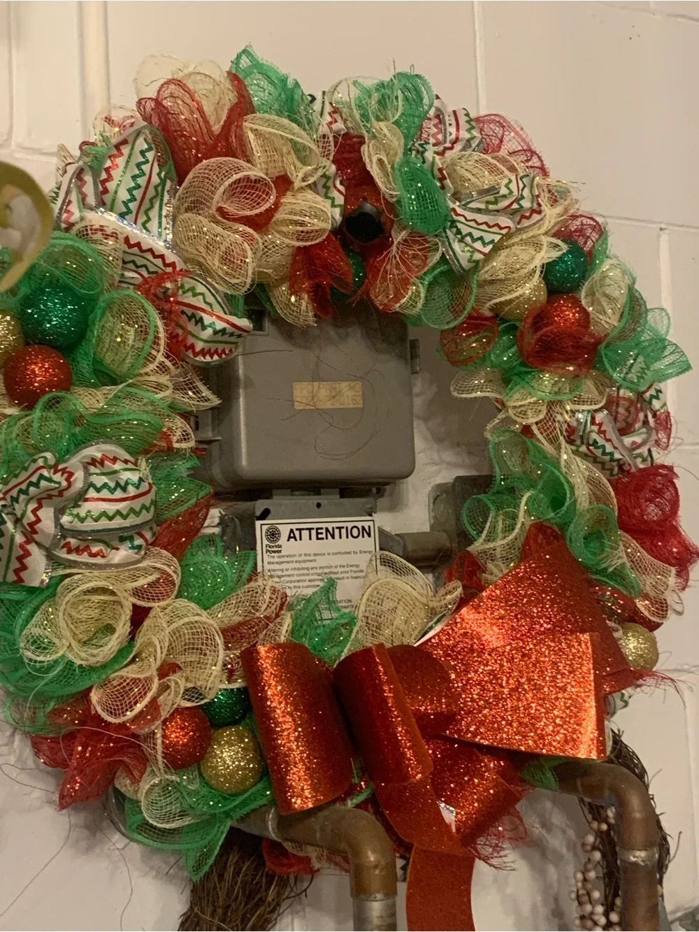 Festive Red, Green & Gold Holiday Wreath with Glitter Bow